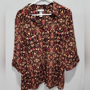 Catherines Button-Up Top Shirt Womens 2X Black Geometric 3/4 Sleeves Stretch